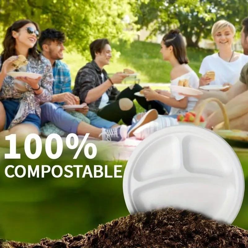 9 Inch Disposable Paper Plate, 100pcs/set 3 Compartment Disposable Paper Plate, Disposable Tableware for Party, Picnic, Camping 6