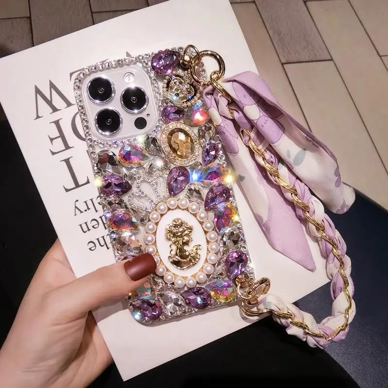 Rhinestone Decor Phone Case with Lanyard, 1 Count Fashion Phone Protective Case, Phone Accessories Compatible with iPhone 15 14 13 12 11 Pro Max