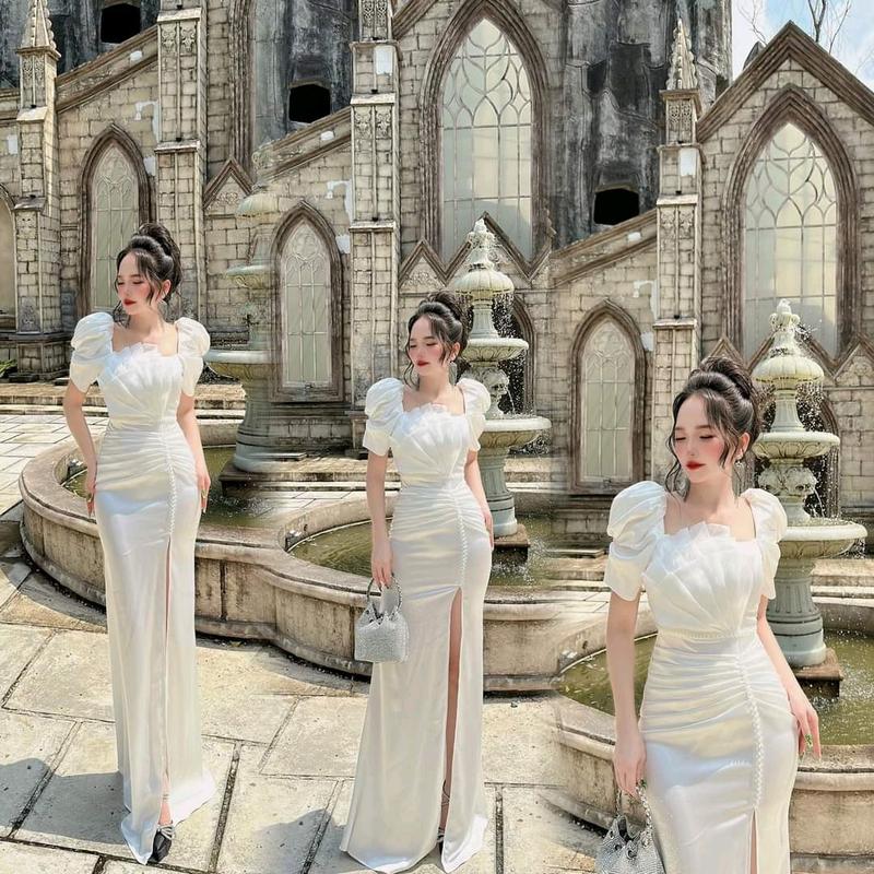 [NGA PHẠM 'DRESS] - ĐẦM DẠ HỘI LỤA KẾT CƯỜM EO PHỐI TƠ ORGANZA XẾP LY TAY PHỒNG DÁNG DÀI XẺ CHÂN -(6 màu) Nữ Women Voi  Trắng váy dự tiệc đỏ hồng 5