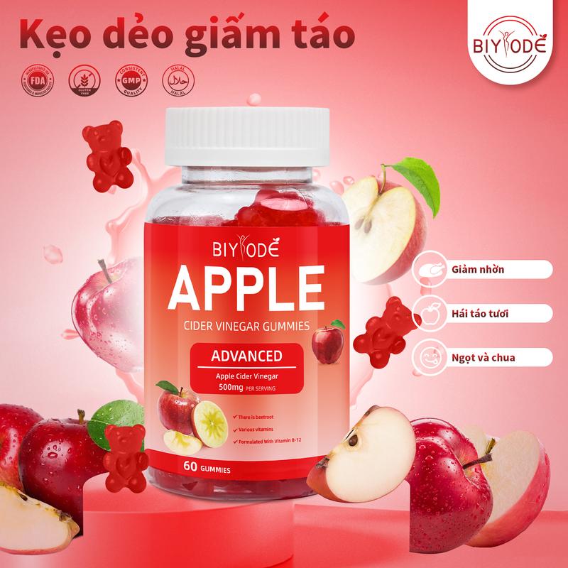 Kẹo dẻo giấm táo BIYODE 60 /chai - giàu thành phần tự nhiên, tăng khả năng chống oxy hóa và miễn dịch kẹo giấm thuc pham uống dha trắng