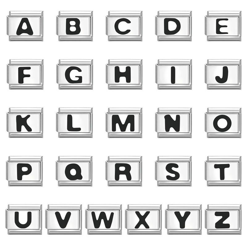 26 Chữ cái tiếng Anh màu đen Vòng tay quyến rũ của Ý Phù hợp với Vòng tay 9mm Thép không gỉ Tự làm Phụ kiện làm cho Phụ kiện vòng tay mô-đun Cá tính Cổ điển