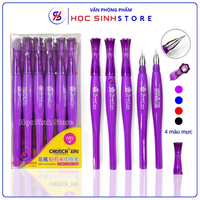 Hộp 12 Bút Gel Nước Ngòi Kim Cương 0.5mm Chosch CS885 Mực Xanh Tím Đỏ Đen Mỗi Màu 1 Hộp