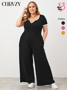 CURVZY Valentine's Day Gift for Girl, Plus Size Autumn Aesthetic Contrast Binding Pocket Notched Neck Jumpsuit for Women, Comfort Breathable Short Sleeve Ribbed Jumpsuit for Summer & Autumn, Women's Clothing for Daily Wear, Fall & Winter Clothes
