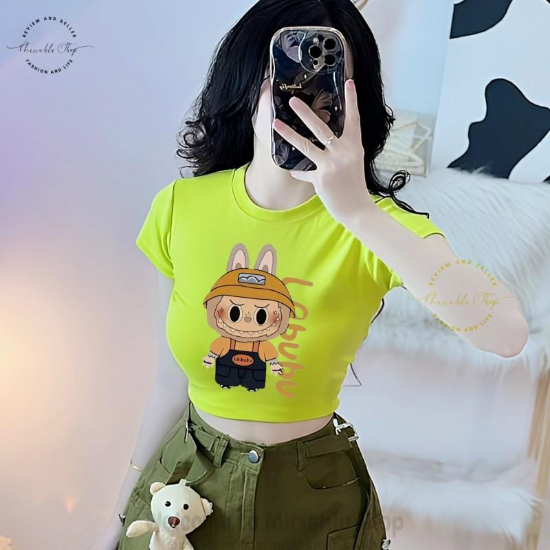 Product Introduction of Áo Thun Nữ Croptop Borip Basic Ôm Body In Hình Labubu Cam Nón, MLS237, Nữ Women Top Voi Dáng Ngắn Cổ Tròn Sọc Sò 29