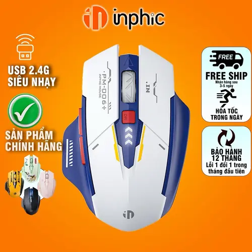 Chuột máy tính không dây gaming INPHIC F9 GUNDAM pin sạc 6 nút công thái học silent tắt tiếng chống ồn wireless