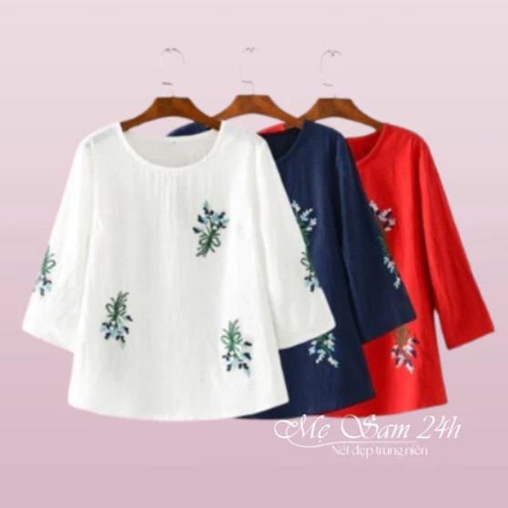 Áo Trung Niên Nữ Cổ Tròn Tay Lỡ Thêu Hoa Sang Trọng, Áo Kiểu Nữ Tặng Mẹ Form Rộng Bigsize Đến 90kg Mẹ Sam 24h - AKH.54 Women Top Sơ Mi Voi Voan