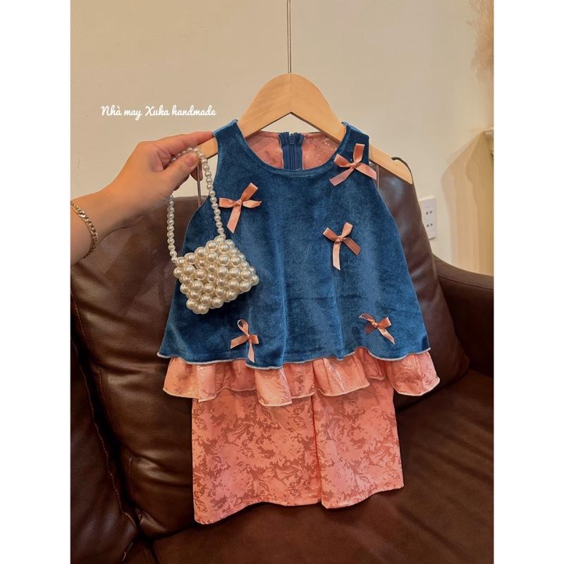 Yếm nhung đính nơ cho bé gái (Nhà may Xuka handmade)