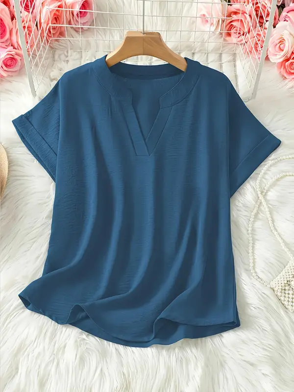 【Plus Size】 Solid Notched Neck Blouses, Casual Top for Summer, Women's Clothing for Daily Wear 7