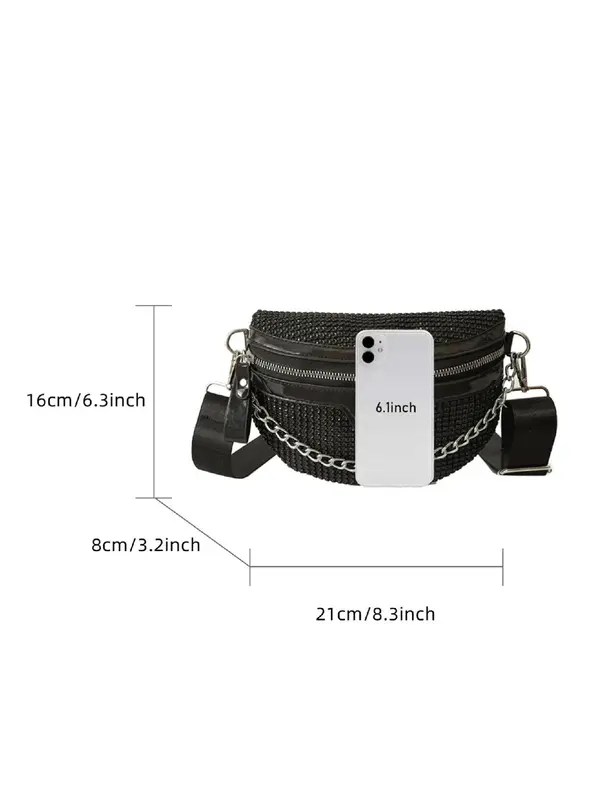 Fashion Rhinestone Decorated Fanny Pack, Casual Versatile Chain Strap Chest Bag for Women, Simple All-match Sling Bag for Daily Life 8