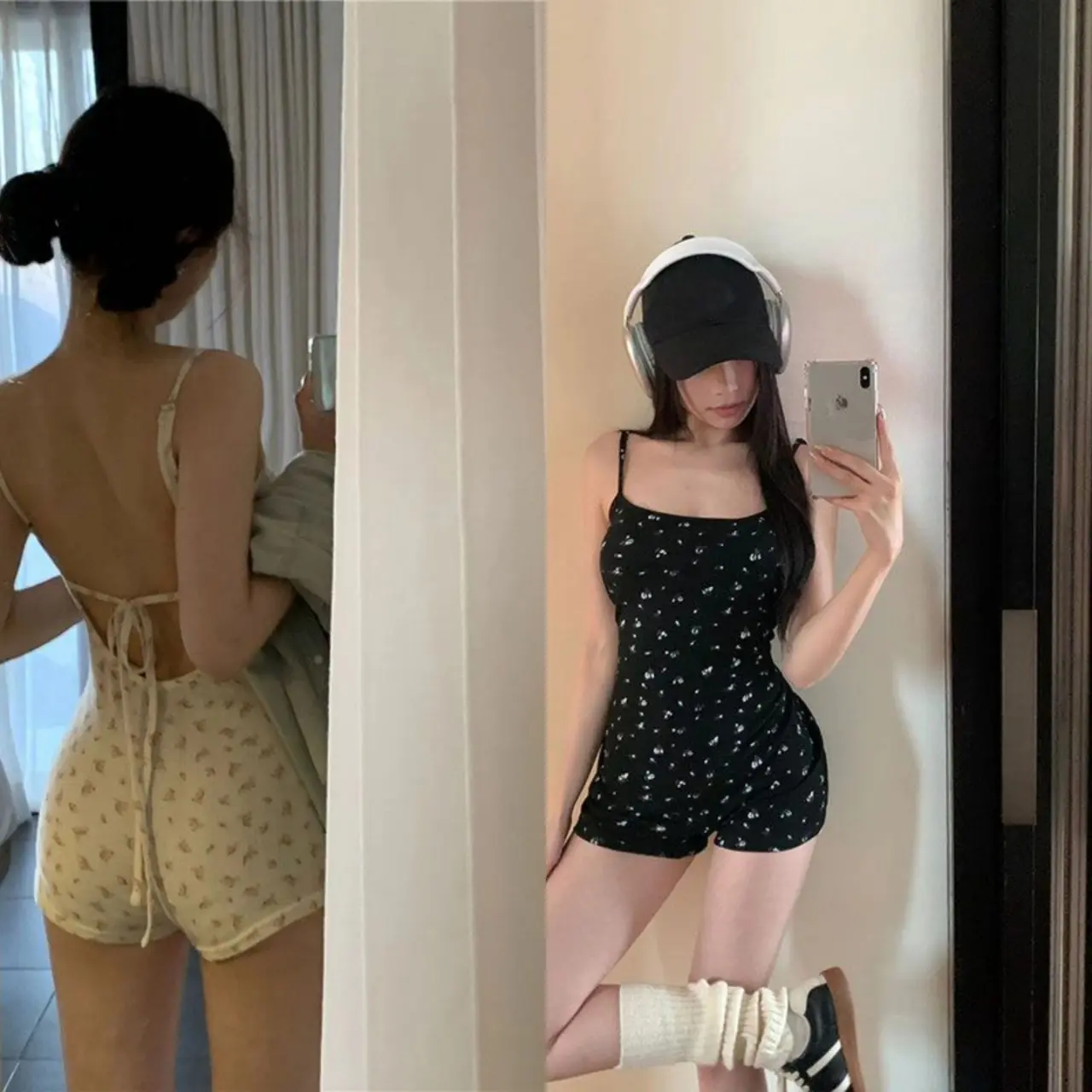 [Mã S10.24 giảm 5% hàng qc l1] Bodysuit 2 dây hoa nhí hở lưng cho nữ Women ÁO Bo Chun Kem