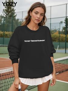 YOZY Women's Letter Print Drop Shoulder Sweatshirt, Casual Long Sleeve Round Neck Pullover for Fall & Winter, Women's Clothes for Daily Wear