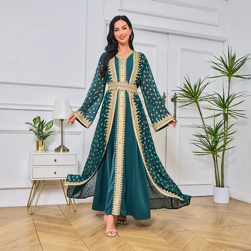 2025 Muslim Cardigan Vest Robe Gold Lace Elegant Graceful Dress Abaya 2