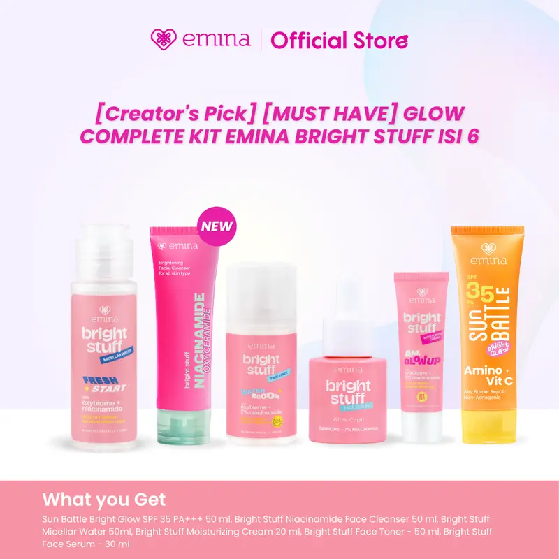 [Creator's PIck] [MUST HAVE] GLOW COMPLETE KIT EMINA BRIGHT STUFF ISI 6 (Micellar Water, Face Wash, Toner, Serum, Moisturizing Cream, Sunscreen Amino Vitamin C) Paket Lengkap Cerah Lembap Glowing 0