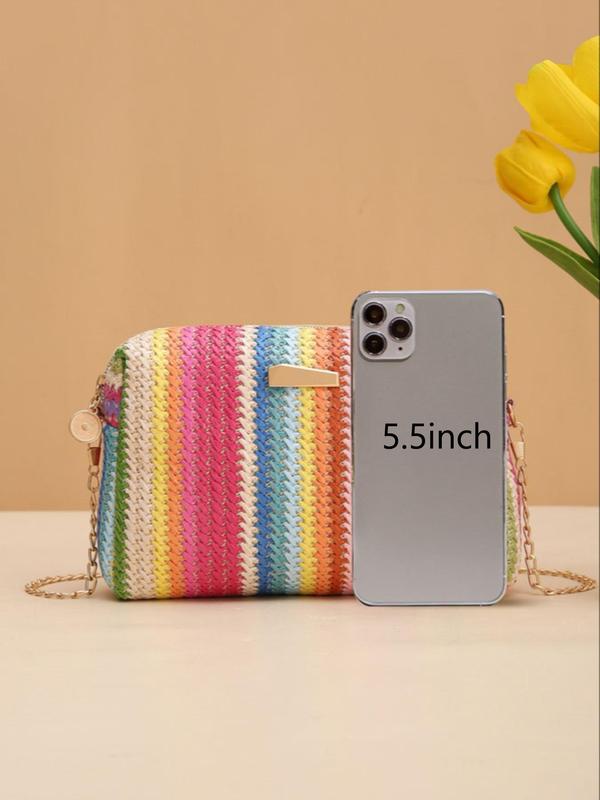 Summer 2025 Colorblock Straw Woven Crossbody Bag, Casual Trendy Shoulder Bag, Chain Bag for Women, Everyday Bags, Fashion All-match Square Bag for Beach Vacation, Purses Crossbody Bags, Unique Bags 5