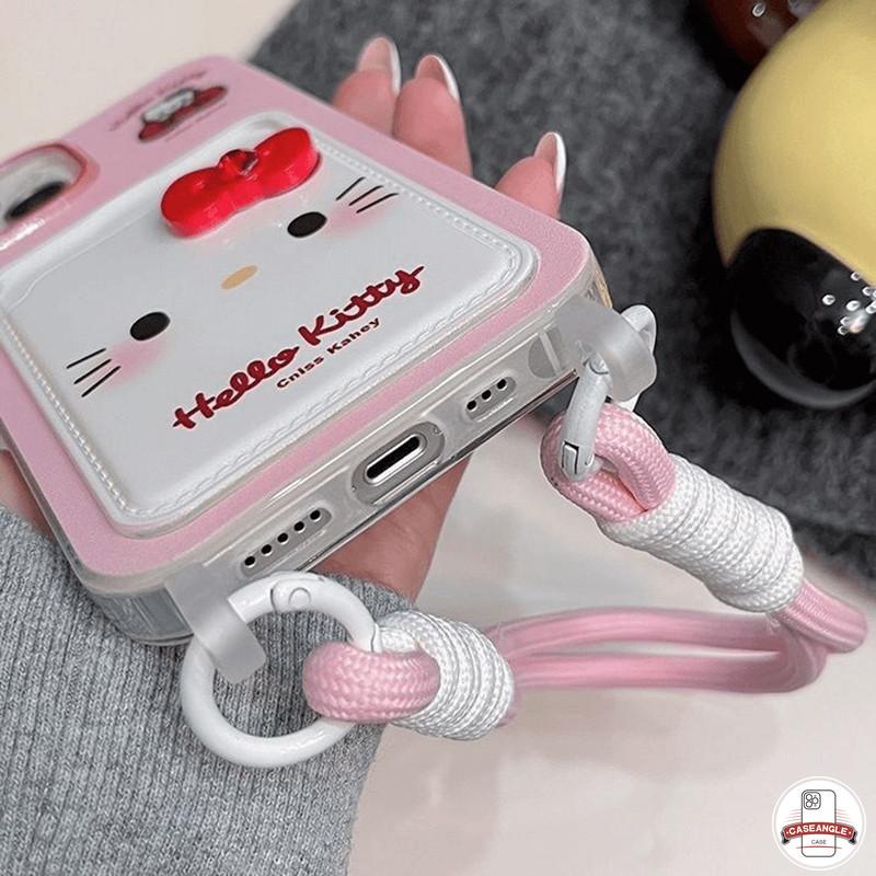 Ốp lưng Hello Kitty nơ dễ thương sáng tạo ngọt ngào Tương thích cho IPhone XR 7Plus 15 16 13 11 14 12 Pro Max X XS Max 16 7 8 6s 6 15 Plus SE 2020 Khe cắm thẻ đôi Vỏ dây buộc 7
