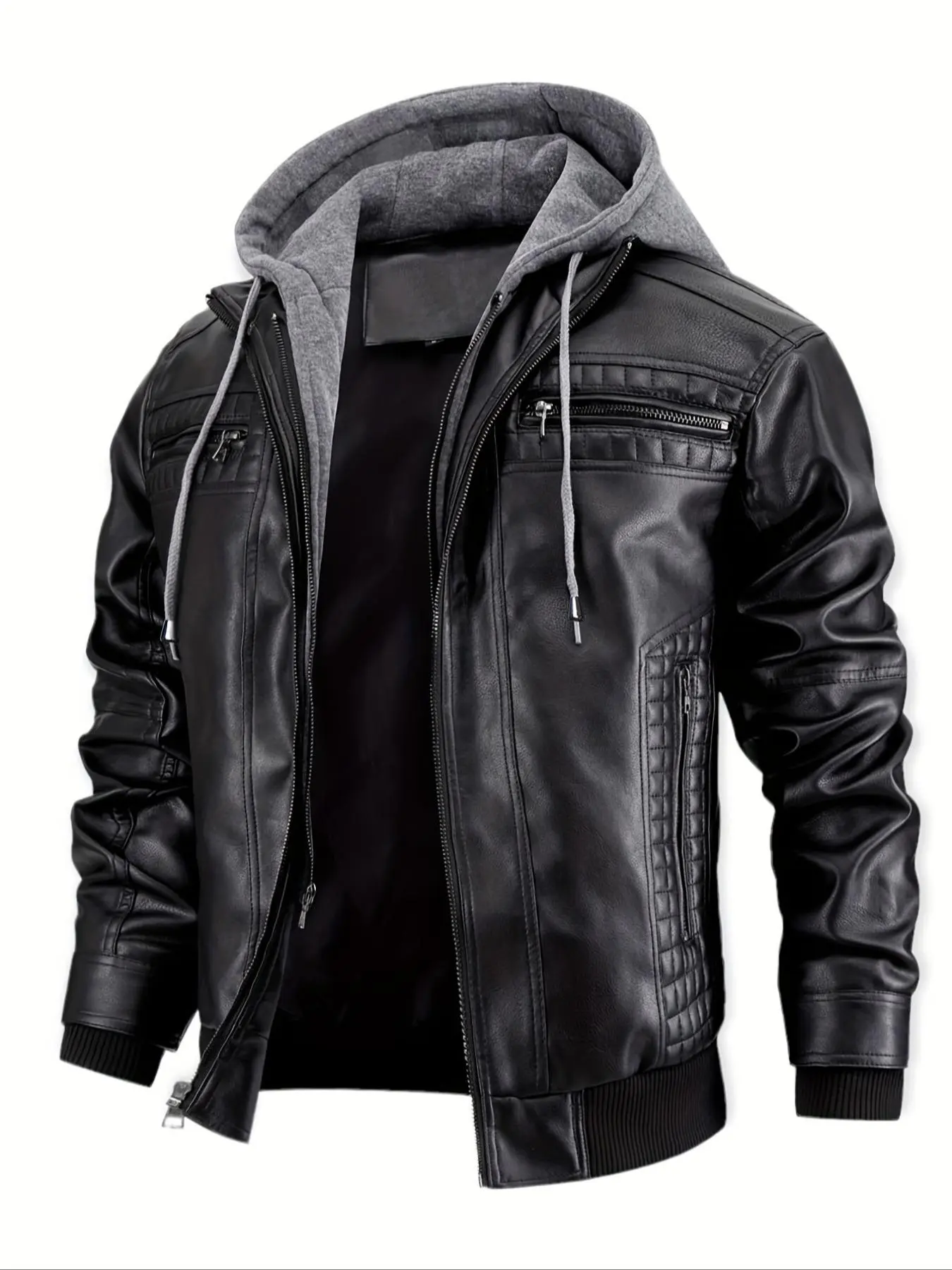 Men's Faux Leather Jacket with Zip Pockets & Drawstring Hood - Vintage Style, Jackets for Men, Non-Stretch Fabric