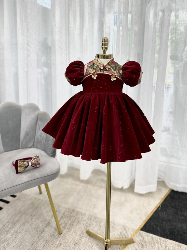 Váy Công Chúa Nhung Đỏ Phối Gấm Tặng Kèm Bờm Nơ Cho Bé Gái