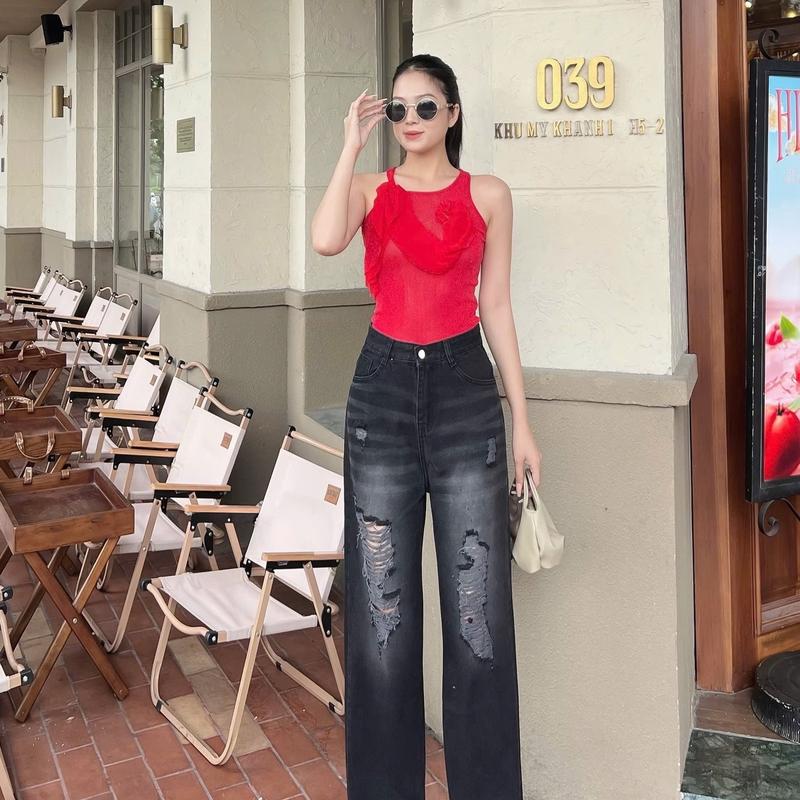 (SUÔNG 9 TẤT NẤM LÙN 92CM) QUẦN JEANS SUÔNG NỮ, QUẦN BÒ SUÔNG RÁCH THỜI TRANG, CHÂT MỀM MỊN, HÀNG QCCC MS 05 Women Pants Ong 1