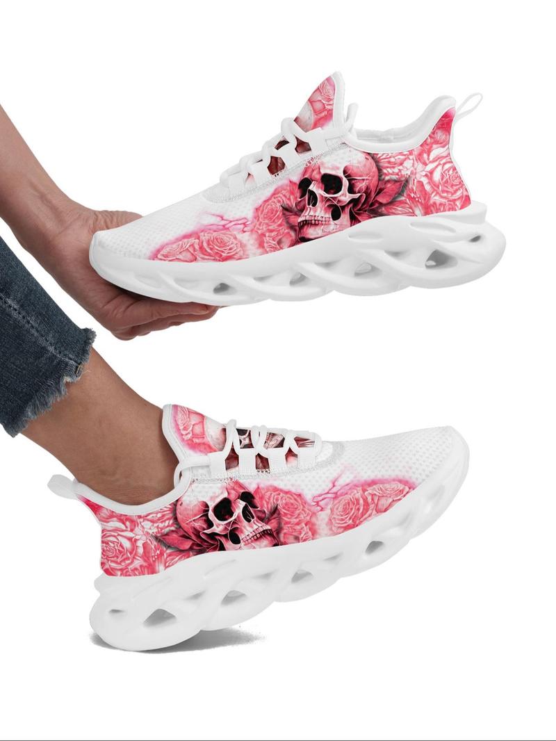 Product Introduction of Women's Trainers, Fashionable Skull & Floral Print Lace Up Low Top Sneakers, Casual Comfortable Blade Soles Sports Shoes, All-match Round Toe Chunky Sneakers for Daily 14