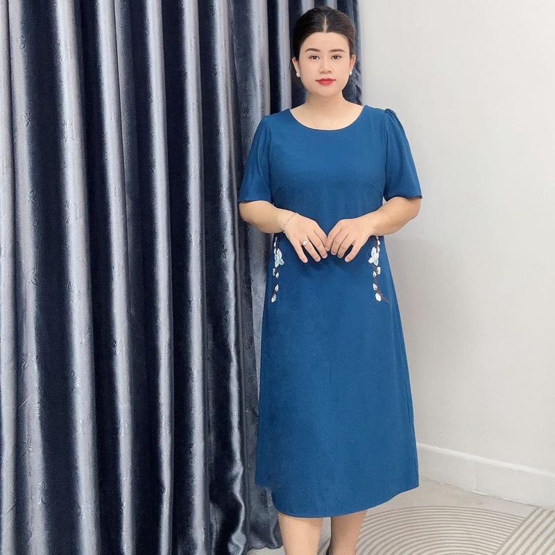 Đầm suông trung niên TD12 Voi Women Dress Xanh Sen Nhung vay sang đáng yêu đường thêu đánh cong eo tôn dáng