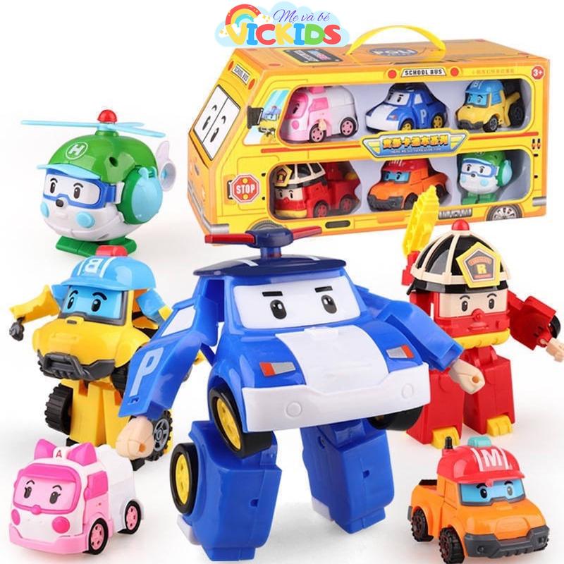 Đồ Chơi Bộ 6 Xe Cảnh Sát Poli Biến Hình Dễ Thương Cho Bé, Set Xe Robot Car Biến Hình Đội Bay Siêu Đẳng