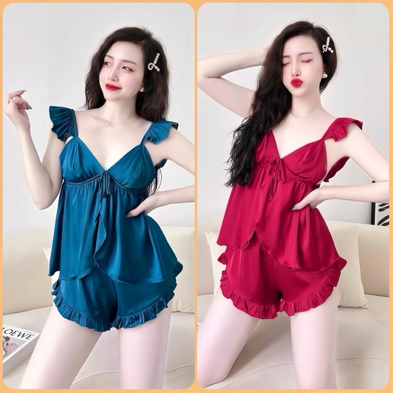  SALE 59k ; Từ 45-65 Ký ; Bộ Ngủ 2 Dây Cánh Tiên Buộc Nơ Quần Đùi Lai Bèo  Lụa Latin Tơ Tằm Có Mút Ngực Nữ 