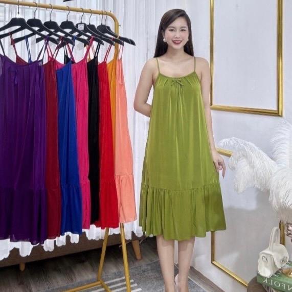 Đầm ngủ nữ thun lạnh 2 dây cổ yếm dáng suông A xinh xắn