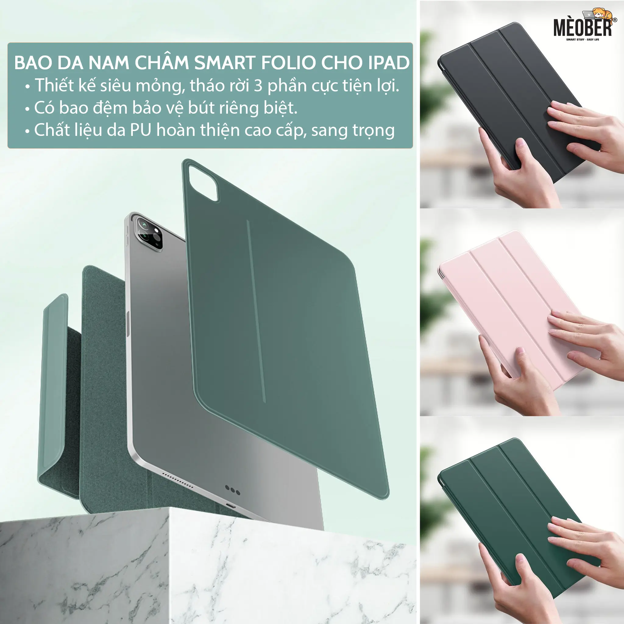 Bao da I Pad nam châm tháo rời cho Pro 11, Air 4/5/6, 12.9 inch, mini 6 - Case I Pad 3 mảnh hít nam châm Ốp Phụ Kiện