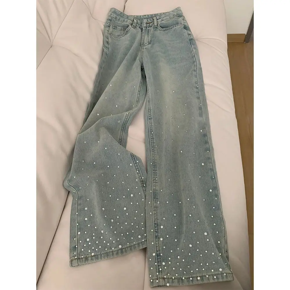 Quần Jean Ống Rộng, Phong Cách Cổ Điển Cỡ Lớn, Nạm Kim Cương, Thiết Kế Đẹp, Cạp Cao, Dáng Rộng Vừa Vặn, Quần quét đất Nhà Thẳng, Dành Cho Nữ, Thích Hợp Cho Mùa Thu Và Mùa Đông, 2024 Pants Women