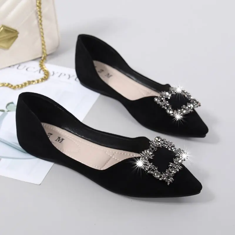 Giày Đế Bằng, Mũi Nhọn, Chất Liệu Da Lộn, Đính Đá, Giày Một Lớp, Dành Cho Nữ, Bộ Sưu Tập Mùa Lò Xo 2025, Miệng Thấp, Thích Hợp Cho Tất Cả Các Mùa, Màu Đen, Đế Mềm Chuyên Nghiệp, Giày Đi Làm, Dành Cho Nữ Shoes Giày Bệt
