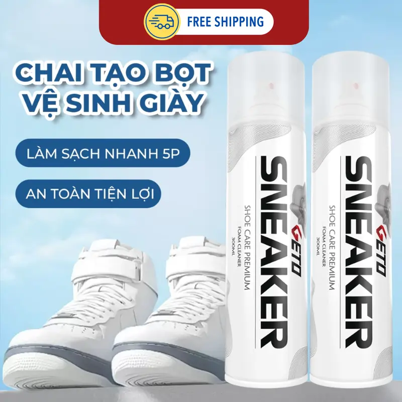COMBO 2 Chai xịt tạo bọt GETO 300ml TẶNG bàn chải Đa năng , vệ sinh giày Sneaker cao cấp loại bỏ vết bẩn, khử mùi hôi, Nam nữ sử dụng dễ dàng chaixit bot vesinh giay nước  giặt 5
