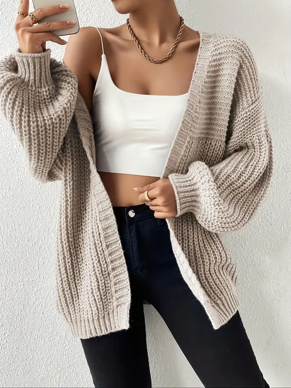 Women's Solid Color Drop Shoulder Long Sleeve Cardigan, Casual Open Front Knitwear for Fall & Winter, Women's Knit Clothing for Daily Wear 2