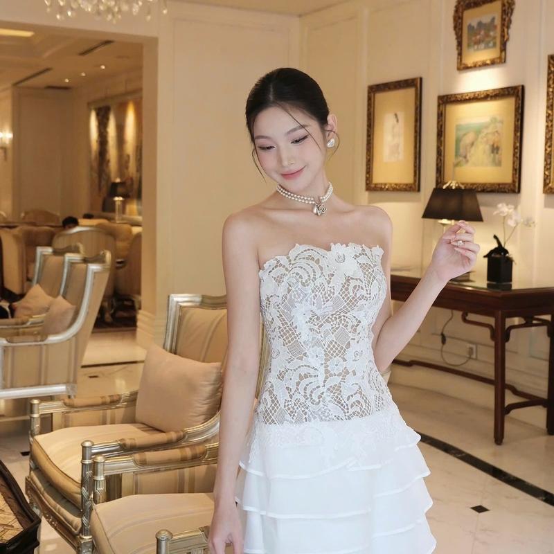 Đầm cúp ngực ren tơ xếp tầng hàng thiết kế nữ - Women Cup Dress Màu Trắng 1