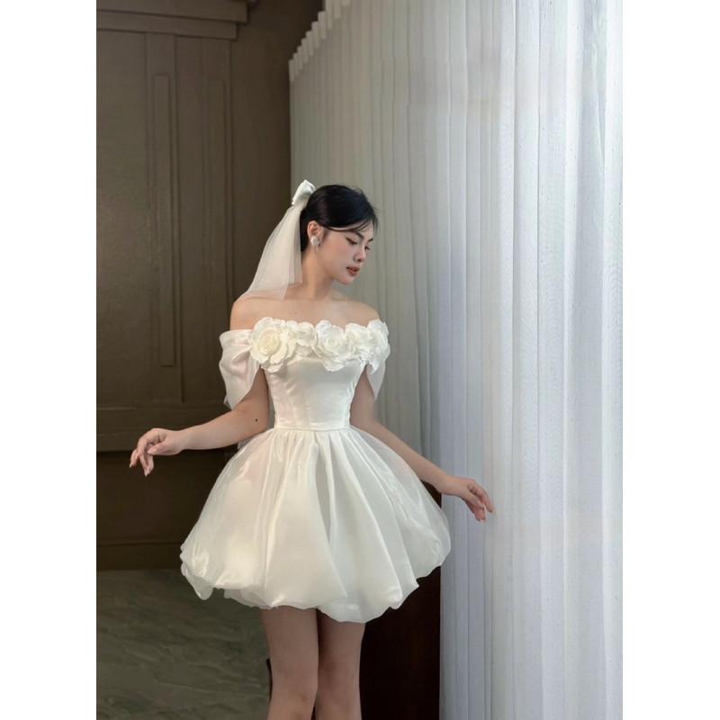 Đầm đi bàn dự tiệc váy trắng cô dâu đi bàn dáng ngắn xòe trễ vai tiểu thư Janie