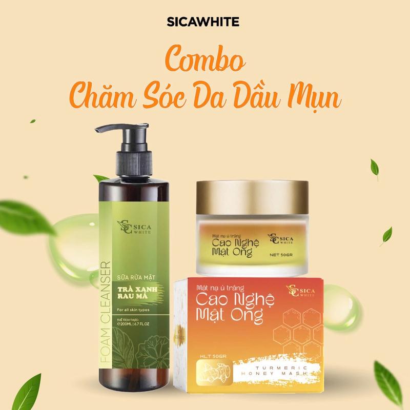   H44  - COMBO CHĂM SÓC DA DẦU MỤN: Sữa Rửa Mặt Trà Xanh Rau Má 200ml Mặt Nạ Ủ Trắng Cao Nghệ Mật Ong 50gr - Skincare 