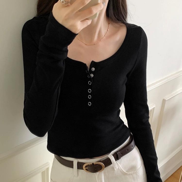 Áo Thun Cổ U Tay Dài 5 Cúc Bấm Không Gỉ Nữ - Top, Women