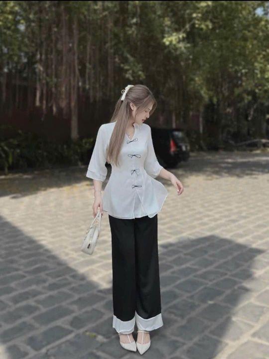 Product Introduction of Sét bộ lam đi chùa vải phối màu, 2 dây buộc eo,4 màu y hình, vải tuyết nhung mềm mịn,  Kem WomenNữ Áo ht15 9