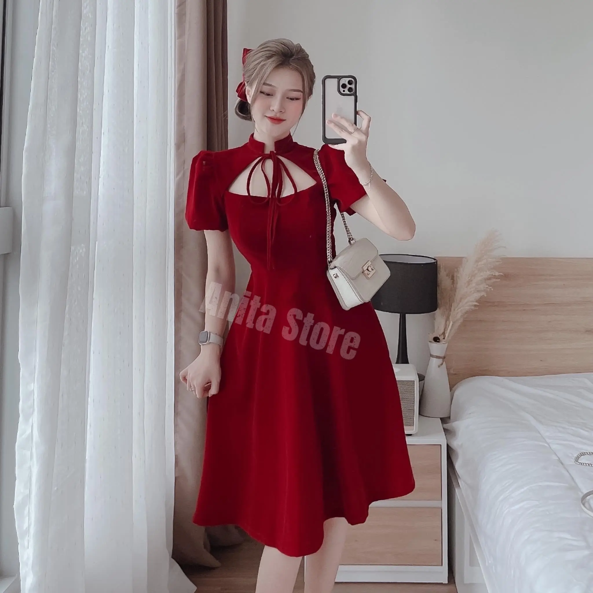 Váy nữ cột nơ cổ yếm form dáng dài thanh lịch, sang chảnh dành cho các công chúa diện đi chơi, dự tiệc Voan Kem Women Dress Voi Màu Đen
