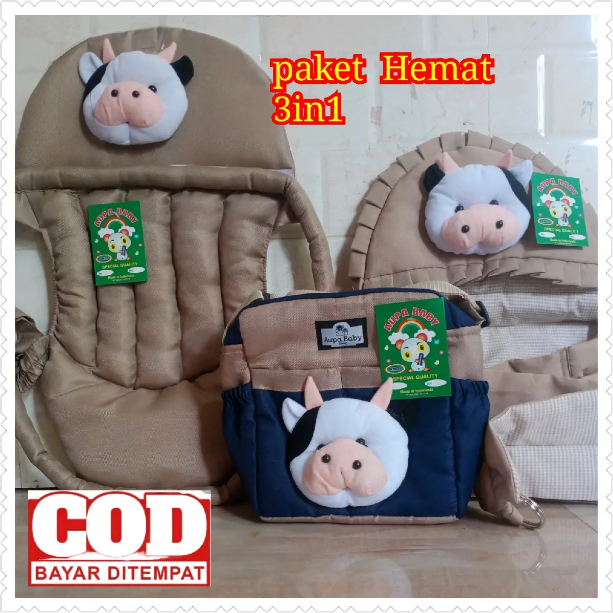 Paket 3in1 tas bayi boneka sapi gendongan depan sapi gendongan samping sapi