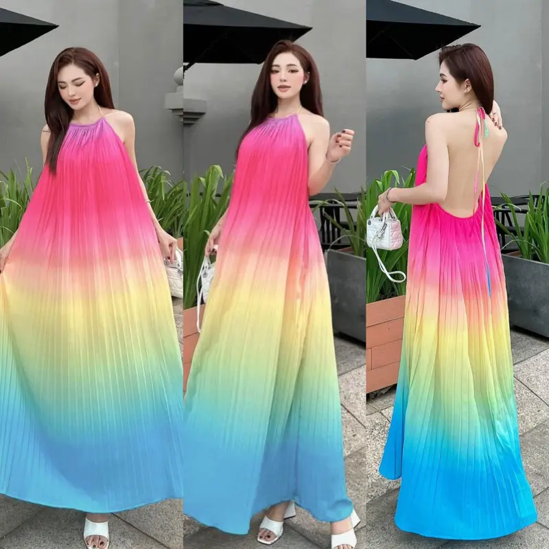 Đầm maxi đi biển loang dập ly cổ yếm màu hồng mẫu mới -- Nhà Lỳ Có Maxi