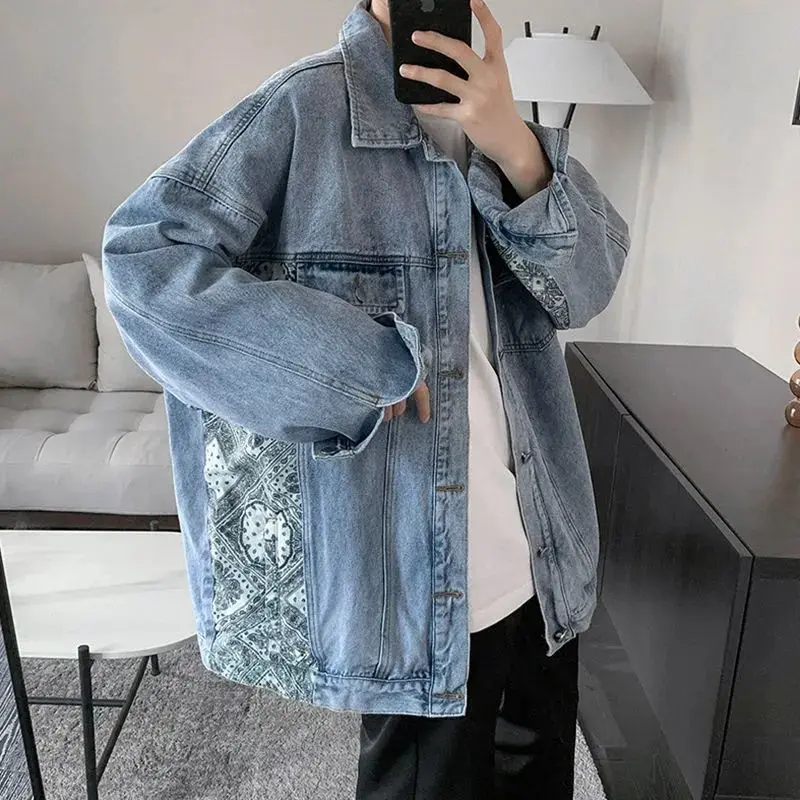 Áo Khoác Denim, Phong Cách Hàn Quốc, Dành Cho Nam Giới, Hợp Xu hướng Và Ngầu, Họa Tiết Paisley, Dáng Rộng Vừa Vặn, Thương Hiệu Ins, Thích Hợp Cho Mùa Xuân Và Mùa Thu, Phong Cách Đường Phố