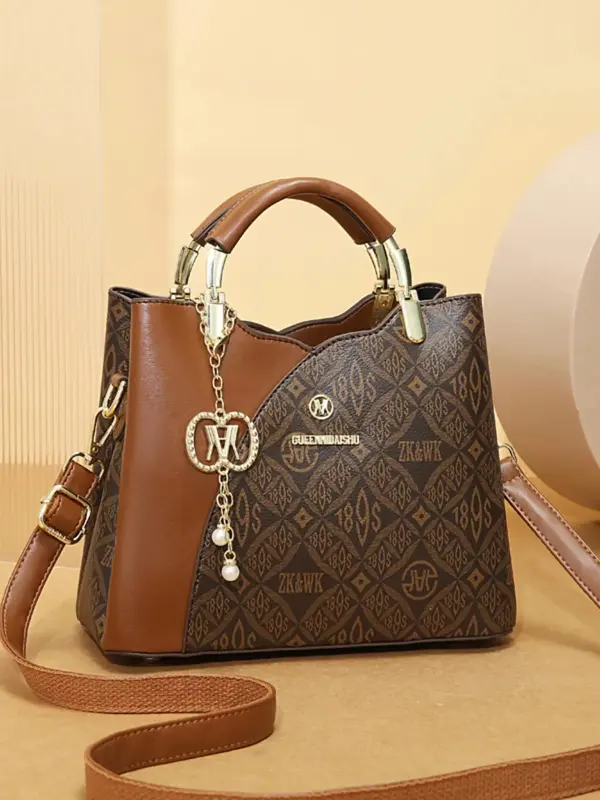 Summer Outfits 2024 Vintage Presbyopia Geometric Print Handbag for Women, New Trendy Bowknot Twilly Satin Scarf Decorated Pu Leather Pocket Designer Commuter Crossbody Bag, Everyday Bag 8