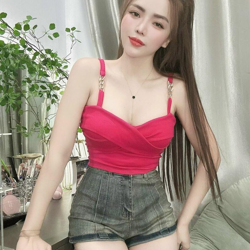  Áo 2 dây phối xích kiểu thun borip form ôm body có đệm mút tôn dáng 