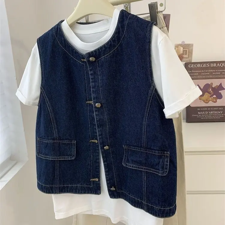 Áo Ghi Lê Cổ Tròn, Dễ Phối Đồ, Phong Cách Cổ Điển Hàn Quốc, Áo Ghi Lê Denim Màu Xanh Dương, Phong Cách Cổ Điển Thời Trang Và Sành Điệu, Thích Hợp Cho Mùa Xuân Và Mùa Thu, [Giảm Giá Đặc Biệt Tại Cửa Hàng], Năm 2025 Hàng Mới Về
