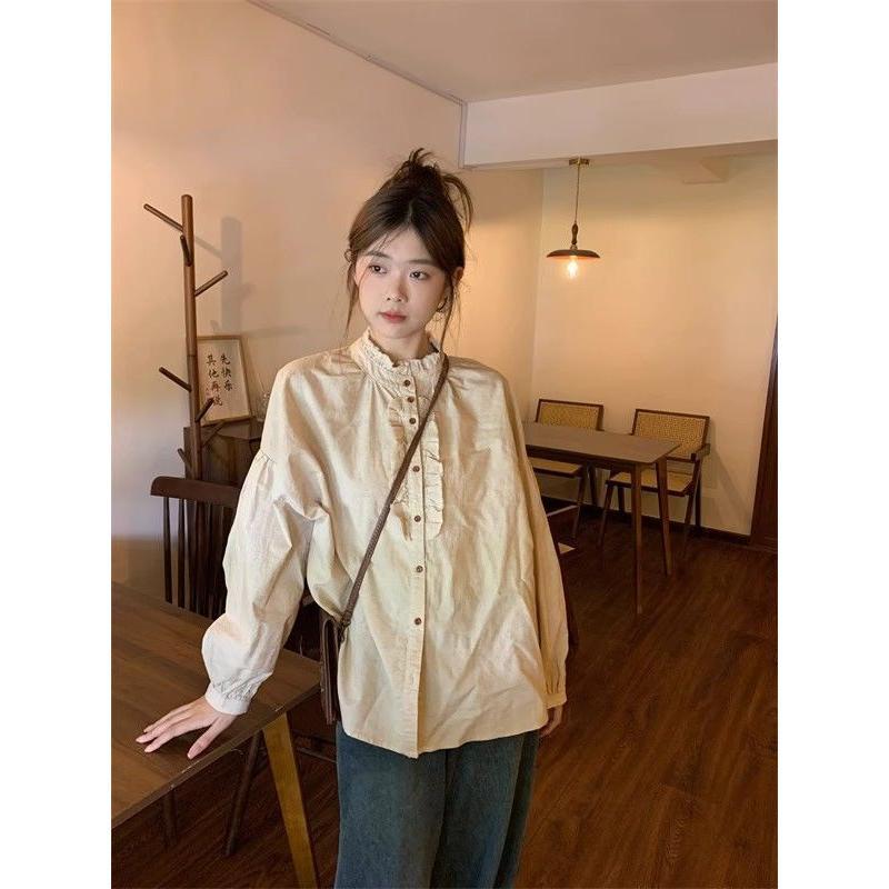 Áo Sơ Mi Dài Tay Cổ Đứng Xếp Nhún Thiết Kế Đẹp, Dành Cho Nữ, Hàng Mới Về Mùa Thu 2024, Dáng Rộng Vừa Vặn, Phong Cách Đi Chơi Dễ Phối Đồ Áo Tay Phồng Thời Trang 1