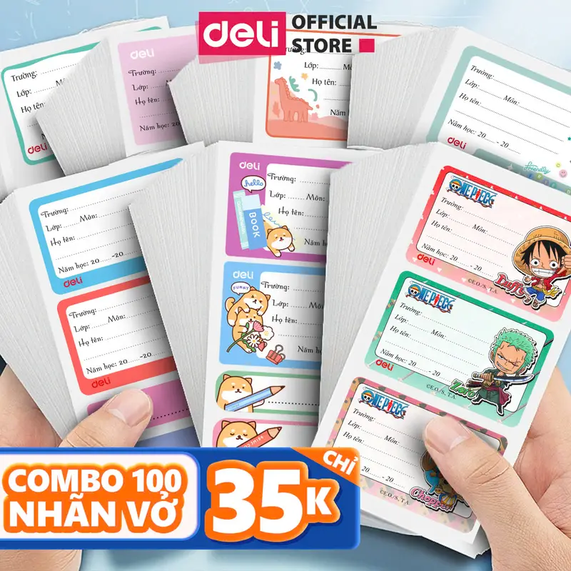 Combo 100 nhãn vở học sinh Deli ngẫu nhiên giá rẻ - Giấy Nhãn Vở Cute Đa Dạng Mẫu Mã - Kèm Phân loại Tệp 12/15/18 Chiếc