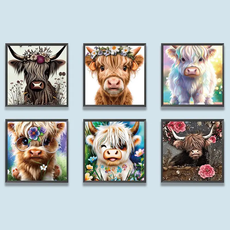 Highland Cow Pattern DIY Diamond Painting Kit without Frame, 6 Counts/Set 5D Diamond Painting Cross Stitch Kit, DIY Decor Painting for Bedroom Living Room 0
