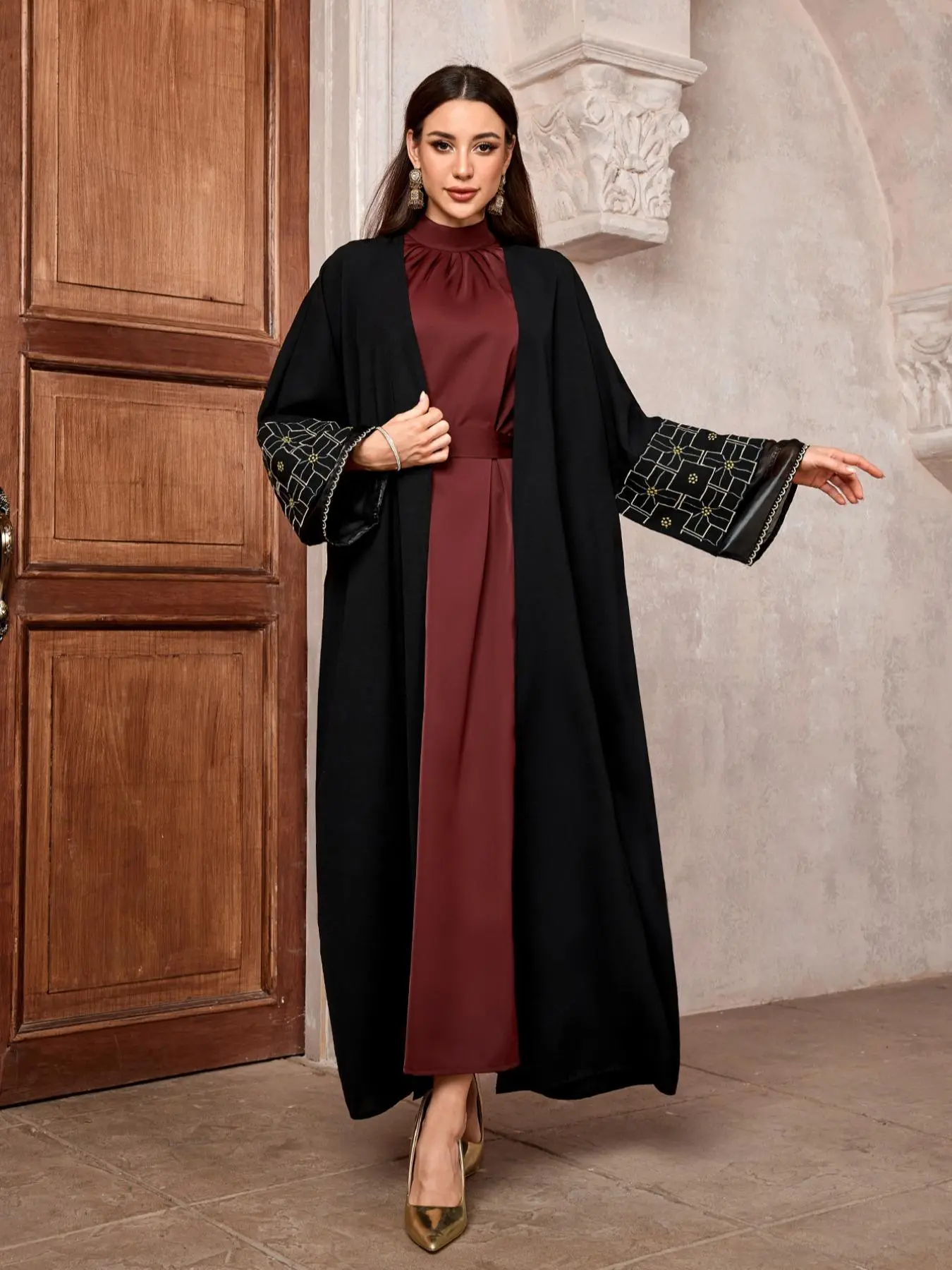 Women's Floral & Geometric Embroidery Batwing Sleeve Abaya, Elegant Long Sleeve Open Front Abayas for Women, Women's Islamic Clothing for Fall & Winter