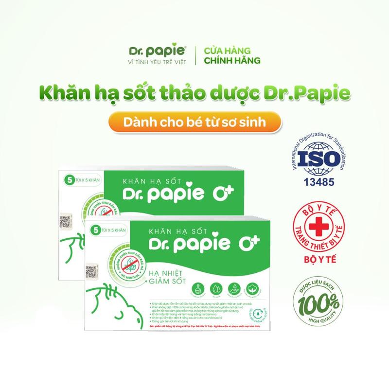 2 Hộp Khăn Lau Hạ Sốt 0+ Dr Papie Thải Nhiệt Hạ Sốt Chuẩn Nhi Khoa, Ngăn Ngừa Co Giật Cho Bé Hộp 5 Gói x 5 Khăn/Gói x2