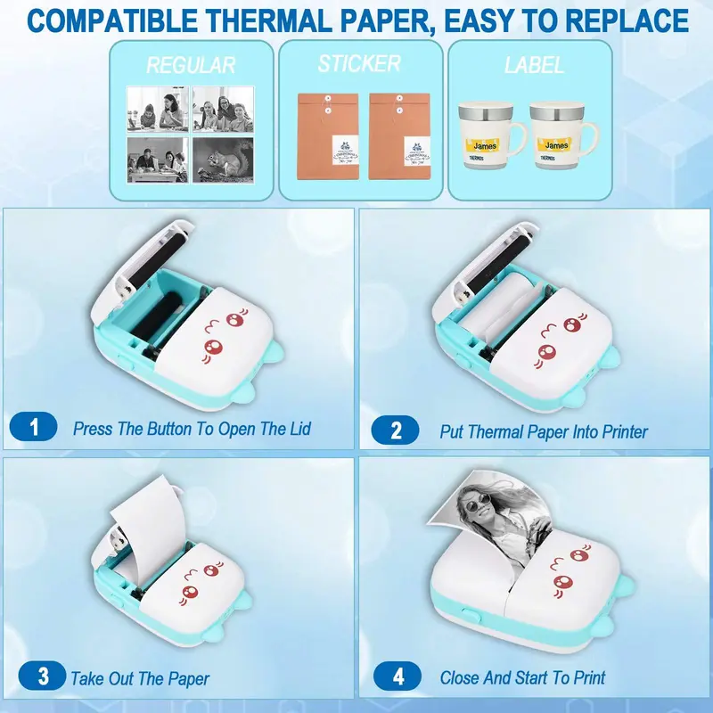Durable Cute Cartoon Design Portable Thermal Printer, Mobile Wireless Label Printer, Thermal Printer for Ios & Android Smart Phone, Mini Photo Printer Sticker Printer, School Essentials, Thanksgiving Christmas Gift Set Digital Marketing Starter Kit 4